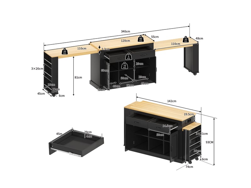 Îlot de cuisine mobile 142x55x93 cm avec 2 plans de travail extensibles noir - Conforama C