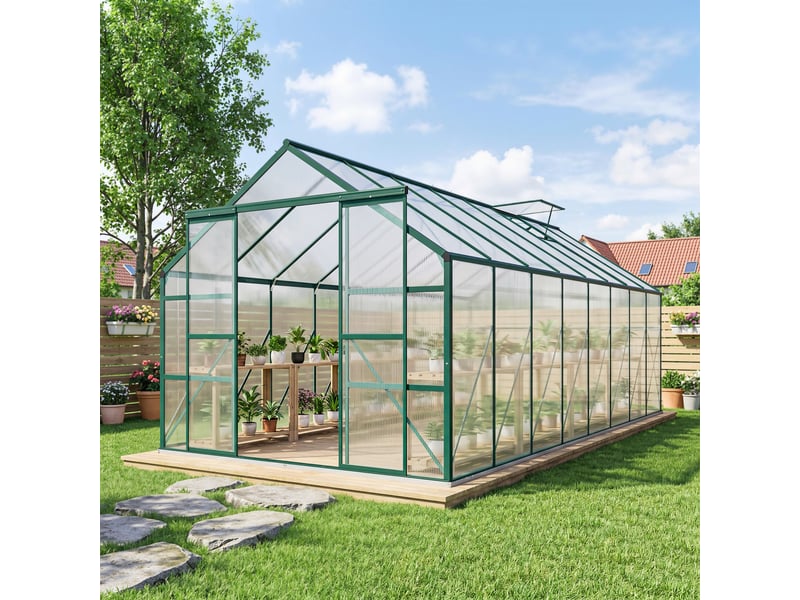  Serre de jardin en polycarbonate, métal et aluminium, anti-uv et coupe-vent, 244 x 500 x 216 cm, verte  - Conforama C