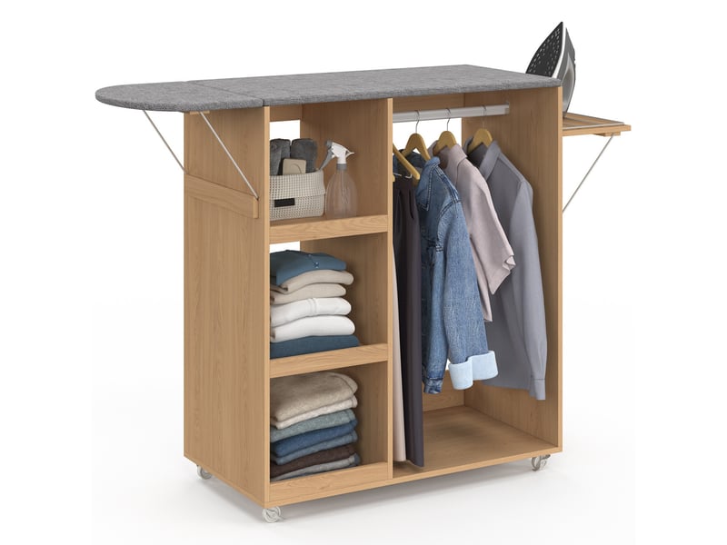 Table à repasser pliable à roulettes avec étagères réglables et barre de penderie façon hêtre - Conforama A