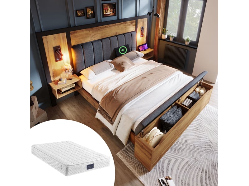 Lit double 160 x 200 cm chêne avec matelas, éclairages de lecture, chevets et banc de rangement - Conforama B