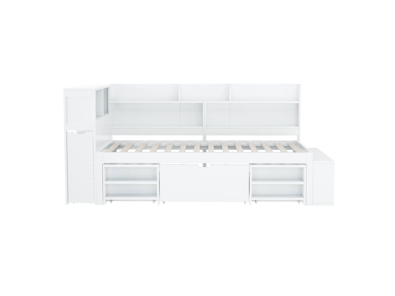  Lit simple enfant 90x200 cm – blanc – tiroir, étagères, rangements et sommier à lattes - sans matelas  - Conforama D