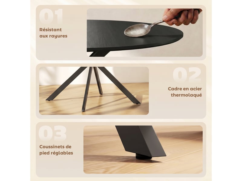  Table à manger ronde pour 4 personnes 100 cm, piètement croisé en acier, style industriel avec plateau aspect bois, noir  - Conforama R