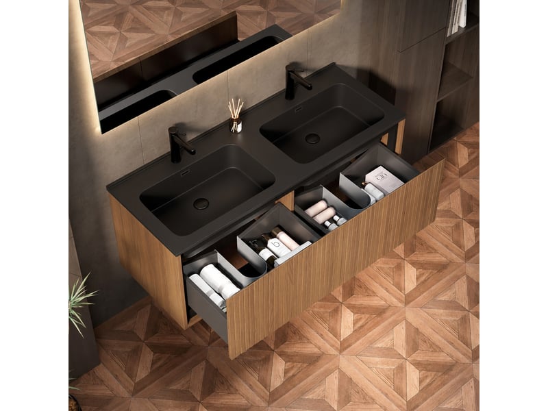  Meuble salle de bains suspendu 120 cm avec double vasque, finition chêne et résine noire  - Conforama B