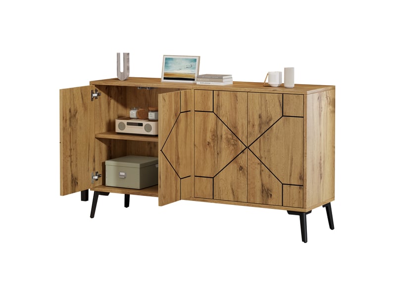  Buffet bas 4 portes à ouverture par pression, 4 compartiments, style industriel en mdf chêne clair, 120 × 35 × 69 cm  - Conforama A