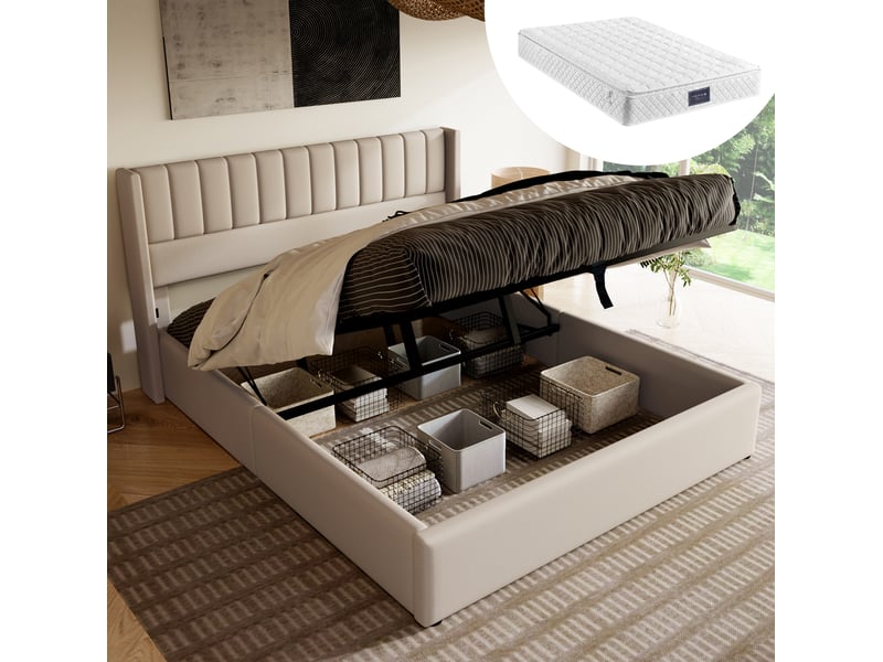  Lit coffre tcqpz 160 x 200 cm hydrauliques avec sommier beige en lin  - Conforama B