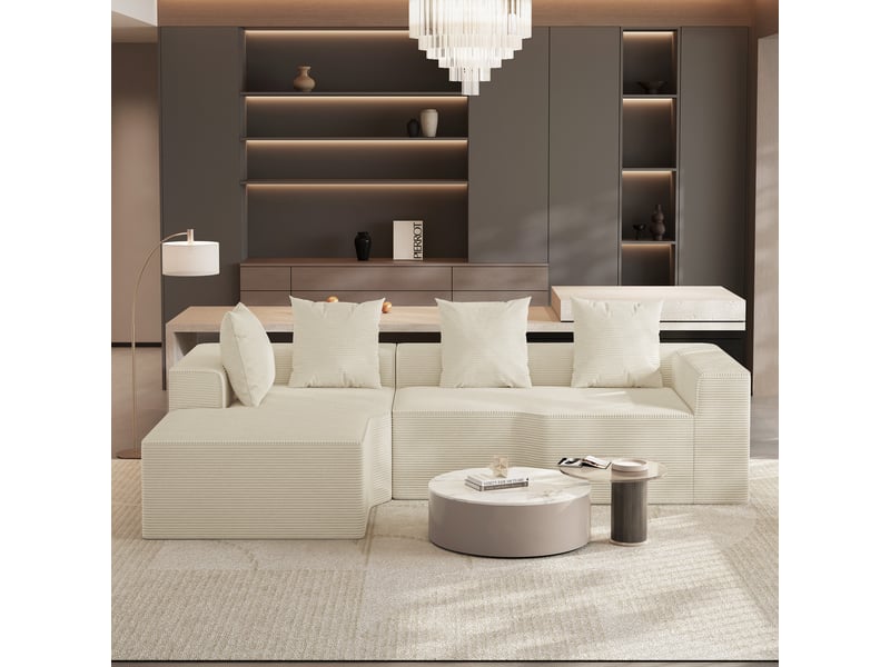  Canapé d'angle gauche modulaire 3 places compressé en velours côtelé,mousse haute densité,sans assemblage,canapé de salon,270x152x59cm,beige 270x152x59CM - Conforama B