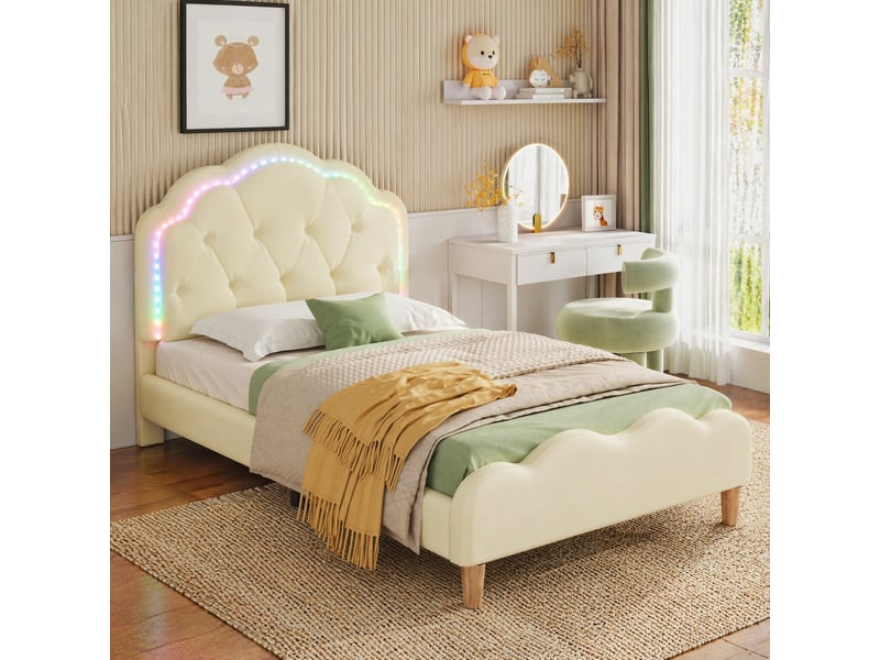  Lit simple 90x200 cm beige en pu avec led multicolores  - Conforama E