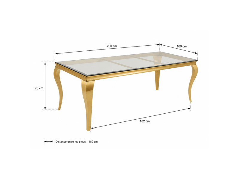  Table de salle à manger velena – rectangulaire 200 cm – verre trempé et acier doré – style baroque chic  - Conforama C