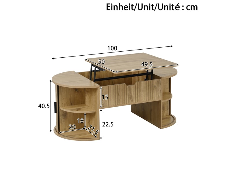  Table basse ovale relevable en mdf – finition chêne – rangements coulissants – 100 x 50 x 40,5 cm  - Conforama D