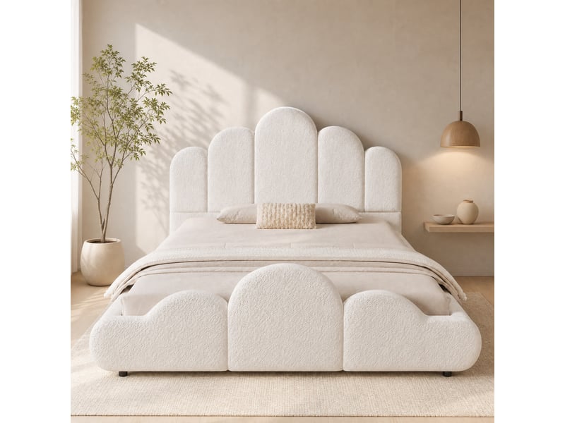  Lit simple enfant 140×200 cm, tête rembourrée et angles arrondis - okmyhome- bouclé beige, sans matelas  - Conforama C