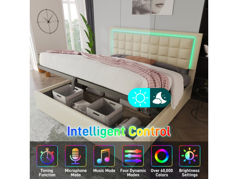 Lit double 180x200 cm tapissé, cadre cuir synthétique blanc, led intégrée, sommier et rangements, sans matelas  - Conforama E
