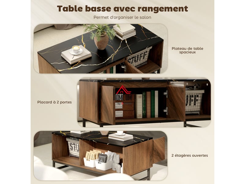  Table basse, table de salon, plateau effet marbre, 2 portes et 2 niches ouvertes, noyer, 100 x 50,8 x 45,7 cm  - Conforama D