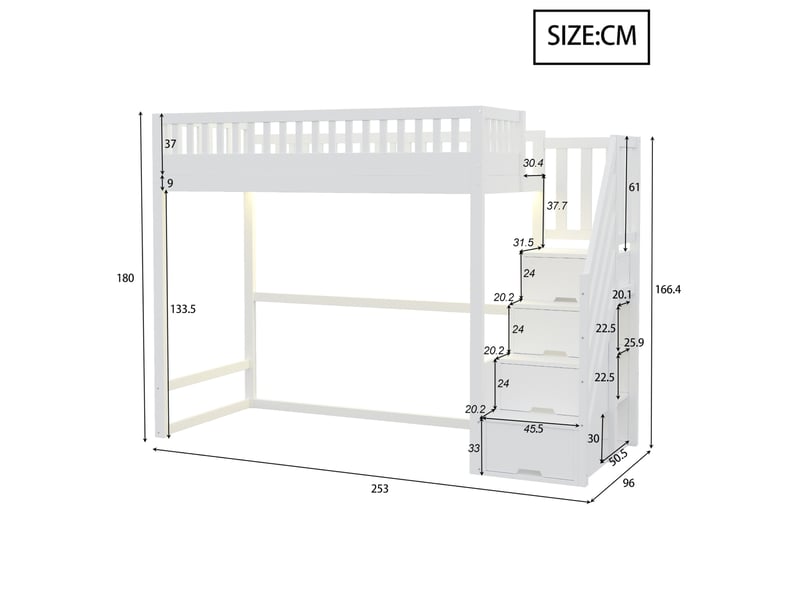 Lit mezzanine, 90x200 cm, escalier de rangement, barrière, lit enfant avec led, matelas non inclus, bois, coloris blanc - Conforama C