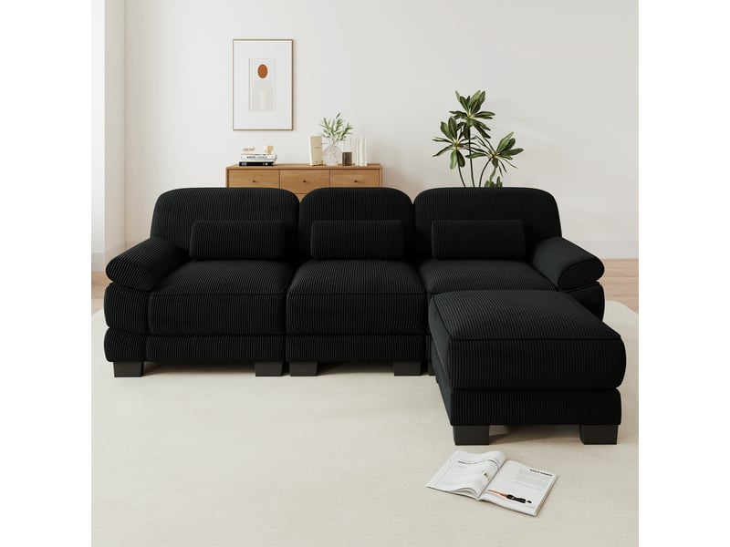  Canapé d'angle modulable - 3 places - forme l - 1 ottoman - coussins lombaires - velours côtelé - mobilier de salon - noir CozyNest - Conforama C