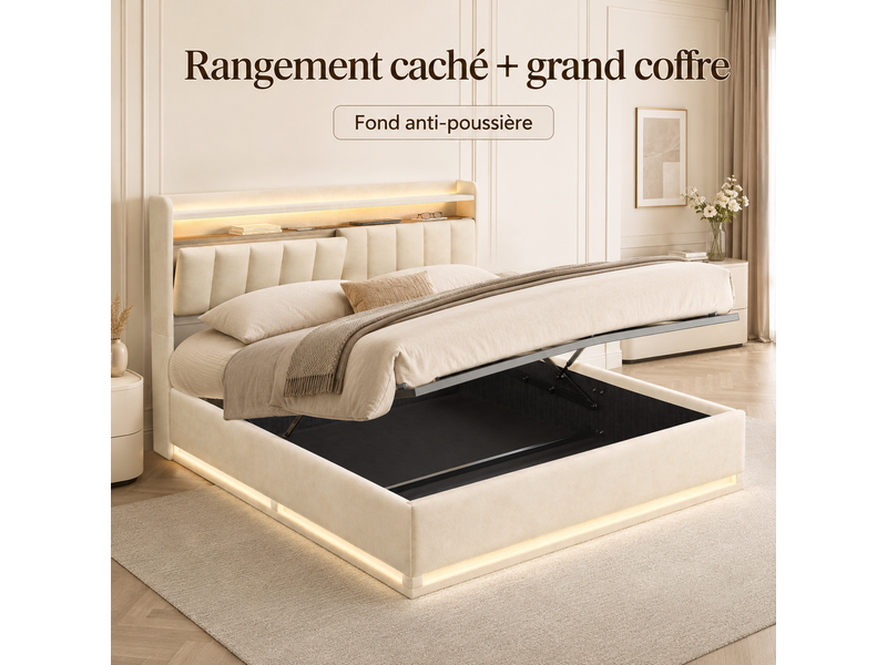 Lit coffre hydraulique 160x200cm avec led et usb tpye c, lit double rembourrée avec sommier, lit capitonné 2 personnes, rangement de chevet, tête de lit avec étagère ouvertes, poches latérales, cadre de lit, beige, gris, chambre… - Conforama R