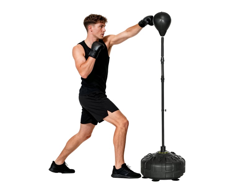  Sac de frappe, support de boxe, hauteur réglable de 145 à 180 cm, base lestable, noir  - Conforama A
