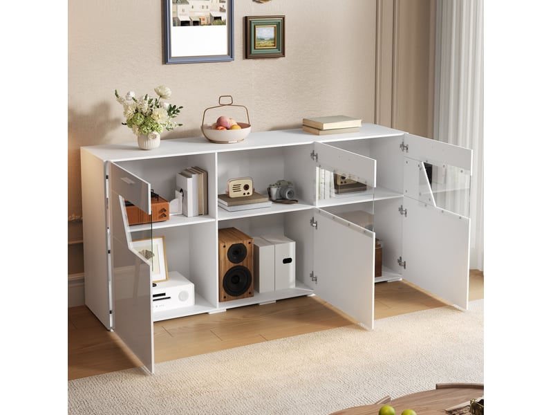  Buffet bas 160x38x78 cm blanc brillant, 3 portes vitrées avec led pilotée par application  - Conforama D