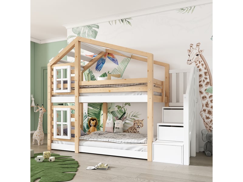  Lit superposé 90x200 - lit cabane enfant - fenêtres - escalier rangement - 2 coffres - garde-corps - 2 sommiers - blanc et naturel  - Conforama B