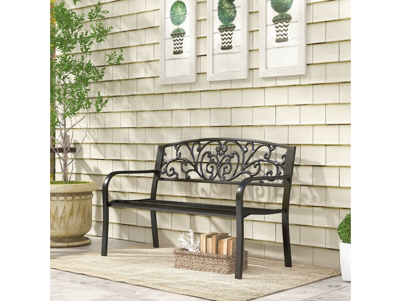  Banc de jardin en métal, motif floral, 2 places, charge maximale 240 kg, acier, 127 cm (l) x 60 cm (l) x 87 cm (h), noir  - Conforama D