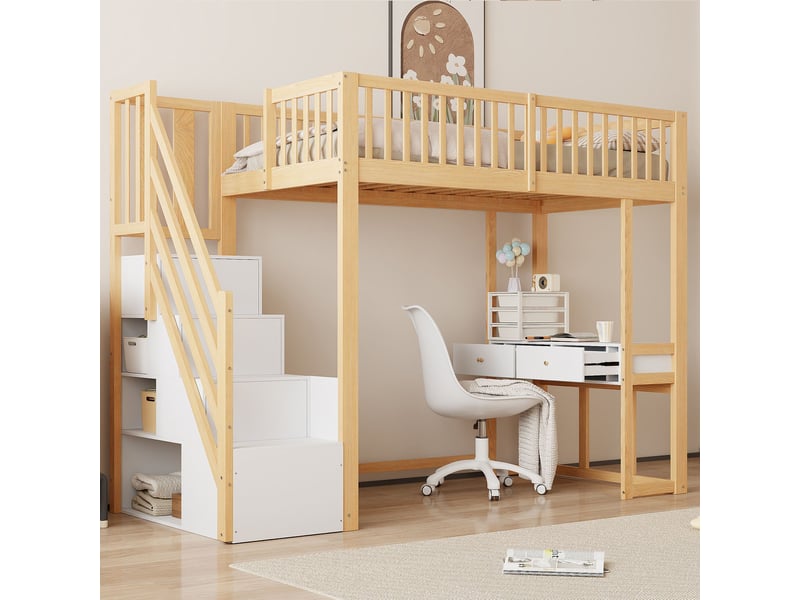  Lit mezzanine blanc et chêne clair 90x200cm avec escalier rangement, structure robuste, pratique - bois massif - pour enfant ado  - Conforama B
