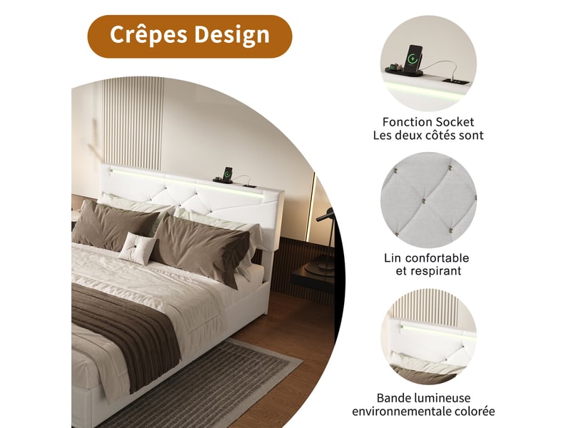  Kefsr lit coffre 140x190 cm avec sommier et led, lit adulte 2 places en tissu lin beige avec rangement, tête de lit réglable et prises usb  - Conforama E