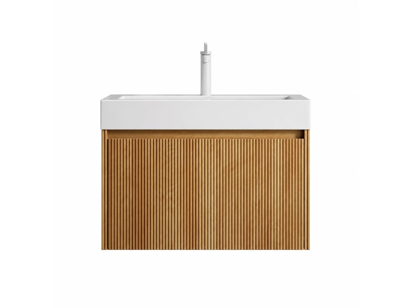  Meuble vasque suspendu 70 cm avec lavabo rectangulaire blanc intégré, finition bois naturel  - Conforama A