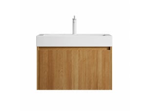 Meuble vasque suspendu 70 cm avec lavabo rectangulaire blanc intégré, finition bois naturel