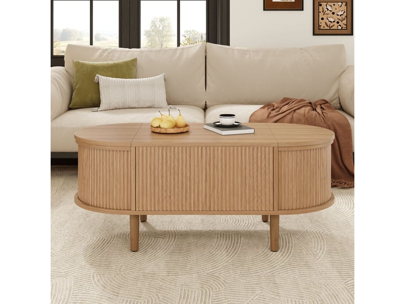  Table basse 100x48x53,5 cm, plateau relevable, grand rangement, style vintage, pieds bois massif pour salon et séjour - chêne  - Conforama B