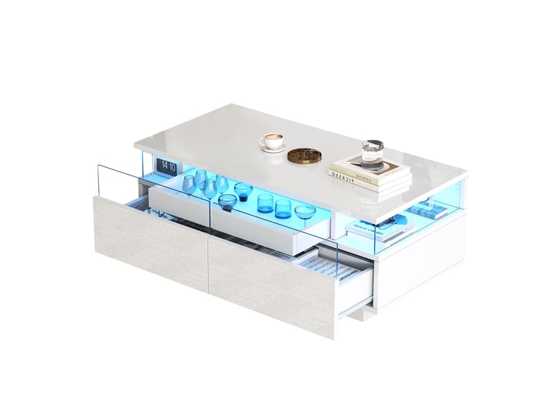  Table basse blanche brillante avec led 90x45cm - 2 tiroirs acrylique et plateau amovible  - Conforama R