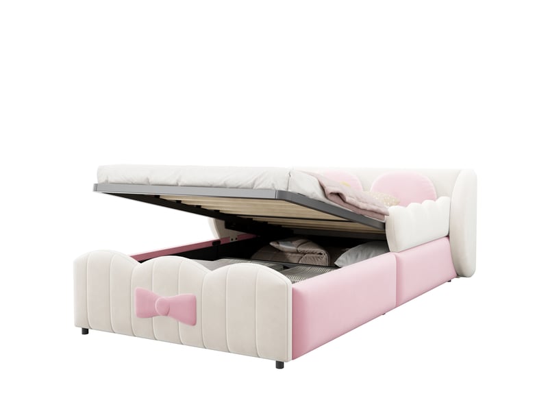 Lit enfant rembourré 90x200 cm en velours avec rangement hydraulique et 2 coussins - Conforama D