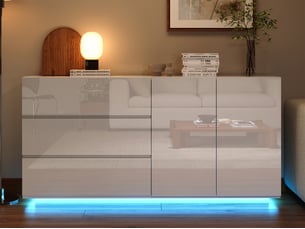 Meuble cuisine blanc, 160x35x71 cm buffet cuisine bas noir laqué avec éclairage led - 2 portes et 3 tiroirs - pour cuisine, salle à manger, salon