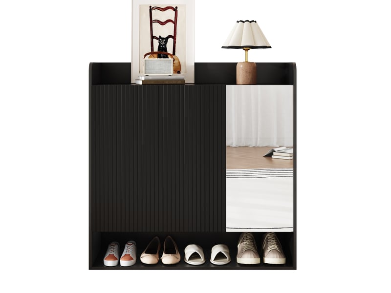  Meuble à chaussures noir avec structure striée verticale et miroir en pied, grand rangement, noir  - Conforama A
