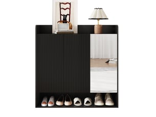 Meuble à chaussures noir avec structure striée verticale et miroir en pied, grand rangement, noir