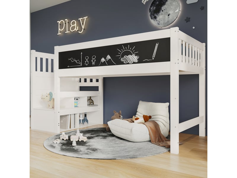  Lit surélevé enfant 90x200 cm avec escalier de rangement et tableau, bois et mdf, blanc, sans matelas  - Conforama D