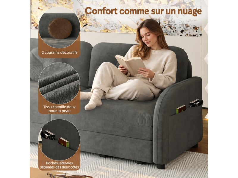  Canapé 2 places convertible en chenille, 166 x 84 x 90 cm, lit coulissant avec dossier réglables de poches de rangement, gris  - Conforama E