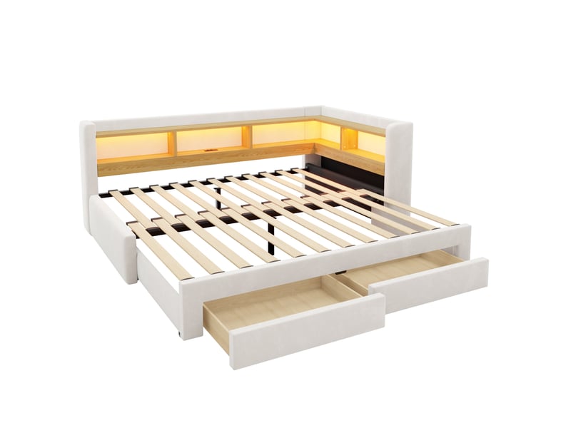 Lit gigogne 90x200 cm beige en velours, tiroirs led et prise, couchage double extensible 180x200 cm  - Conforama E