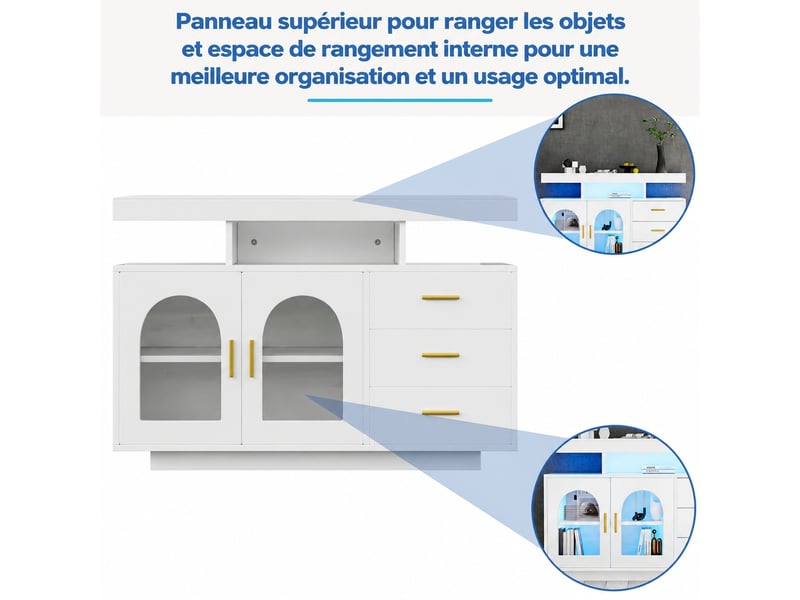  Buffet blanc brillant 120 cm 2 portes 3 tiroirs, meuble de rangement avec led, buffet salle à manger  - Conforama W