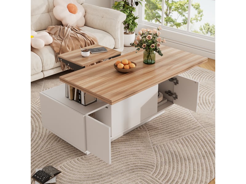  Table basse relevable avec rangement caché, double plateau, blanc et bois, charge 50 kg, 100x50 cm  - Conforama W
