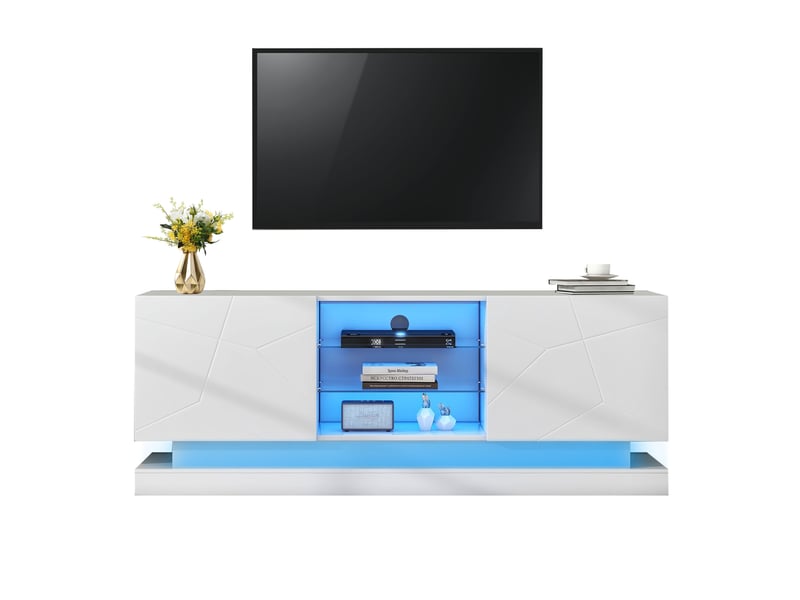  Meuble tv blanc mat 160 cm avec rangement, étagères réglables et éclairage usb  - Conforama A