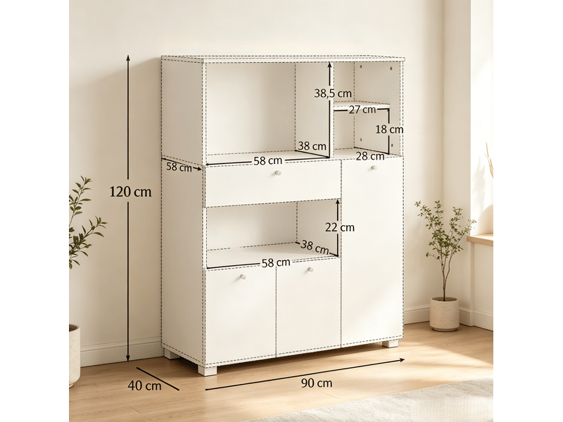 Buffet de cuisine avec 3 portes, 1 tiroir et 4 niches ouvertes, rangement micro-ondes en panneaux de particules blanc - Conforama C