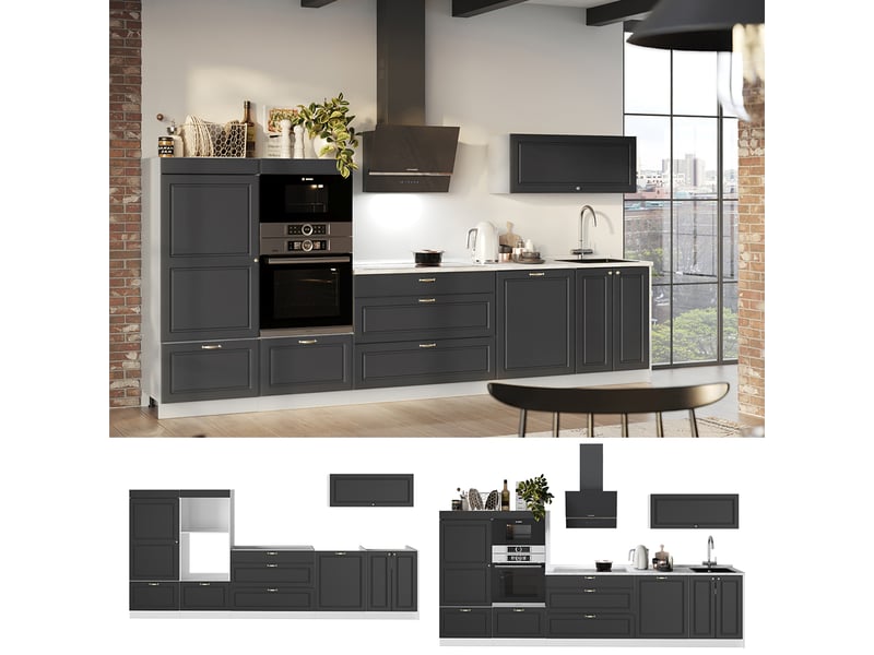  Vicco cuisine, anthrazit-gold landhausblanc, 340cm sans pt  - Conforama D
