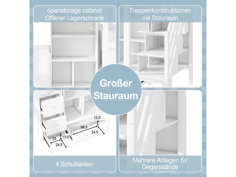  Lit mezzanine enfant 90x200 cm avec 4 tiroirs, placards ouverts et bureau, échelle avec rangements, étagères et garde-corps, pin, blanc Morn Vibe - Conforama E