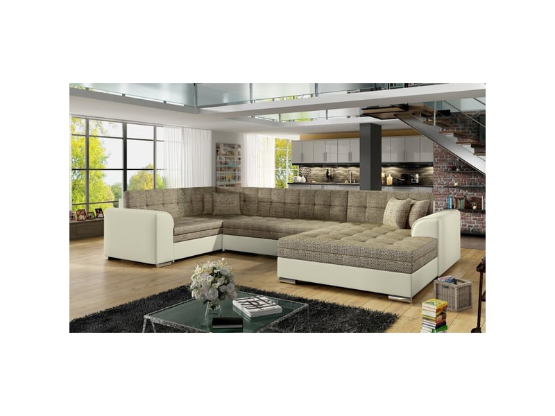  Canapé panoramique convertible caldero 5 places beige et crème – angle droit  - Conforama E