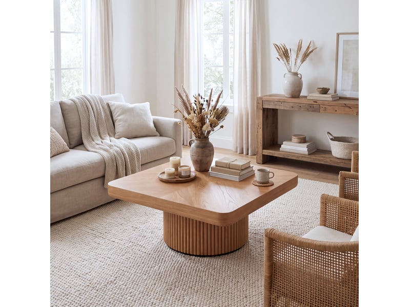  Table basse ulevr carrée 78 x 78 cm, plateau arrondi épais, piètement cylindrique rainuré, bois et mdf naturel  - Conforama E