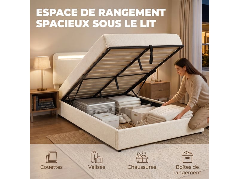 Lit coffre 160x200 avec rangement, tête de lit led rgb, lit double rembourré en velours crème  - Conforama R