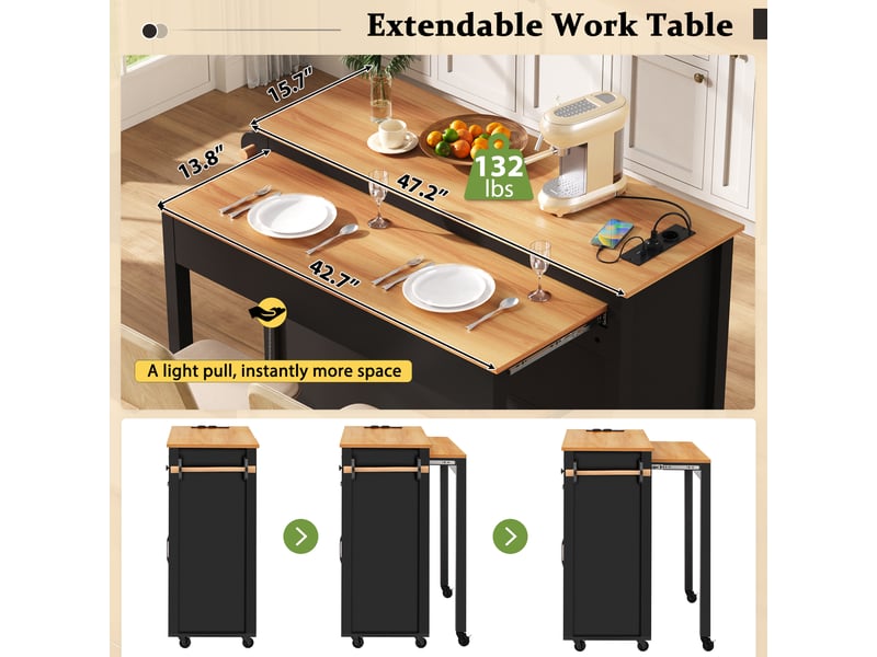  Îlot de cuisine mobile,120x40-75x92 cm,avec plan extensible,mdf,noir  - Conforama D