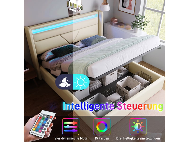  Lit coffre hydraulique 140x200 cm avec tête de lit led et télécommande, rangement sous le lit et simili cuir blanc.  - Conforama E