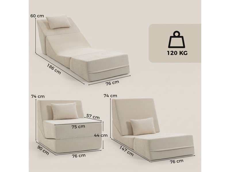  Canapé-lit pliant 3 en 1, chauffeuse 1 place convertible en chenille, coussin et dossier, compressé sans montage, beige  - Conforama C