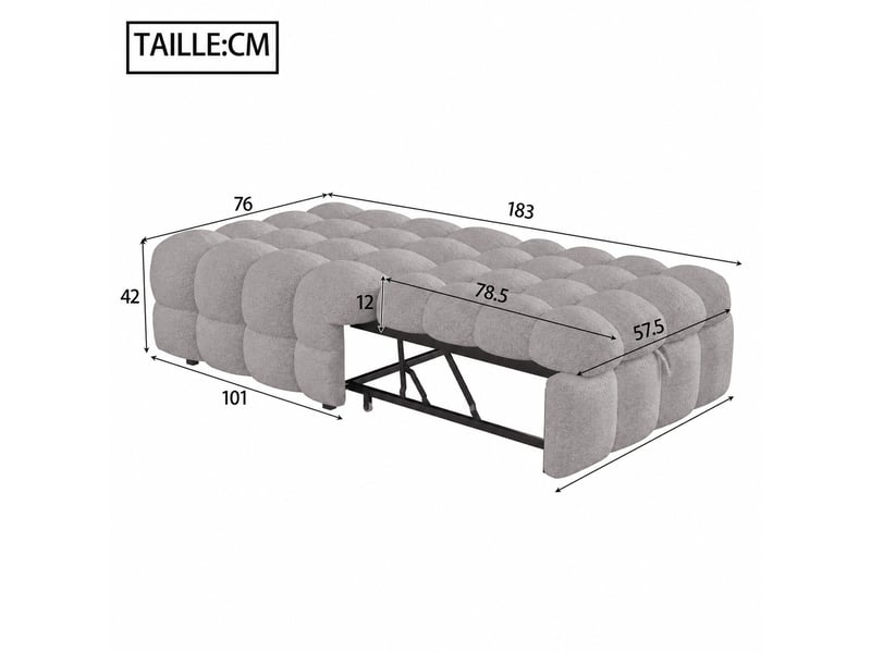  Lit banquette 1 place en tissu bouclé gris, lit convertible en pouf, 183×76 cm, mousse intégrée, sans matelas  - Conforama D