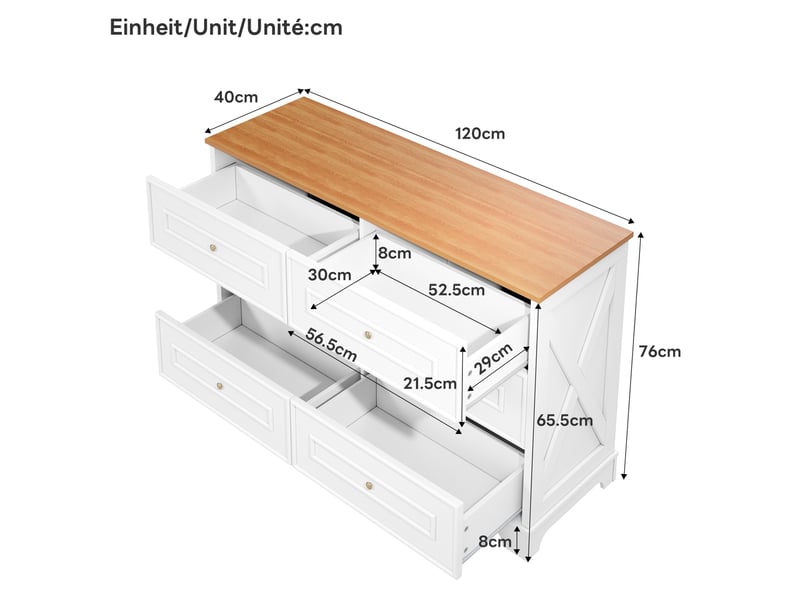  Commode 120x40x76 cm avec 6 tiroirs, style campagne rétro, buffet, mdf+aggloméré, pour salon, blanc+naturel  - Conforama C